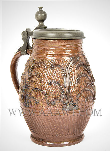 Saltglaze, Brown Stoneware Krug, Pewter Mounted, Made for Farrier, Superb
Muskau, Germany
Lid dated 1786, entire view